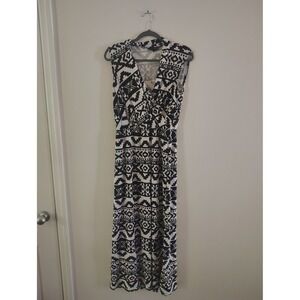 ICE Womens Black White Geometric Tribal Print Sleeveless V-Neck Maxi Dress